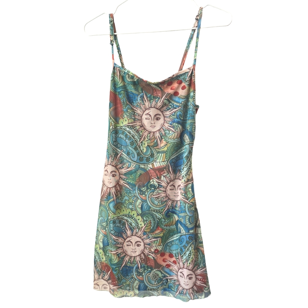 Mini Dress with Celestial Print | bohemian w spaghetti straps | size small